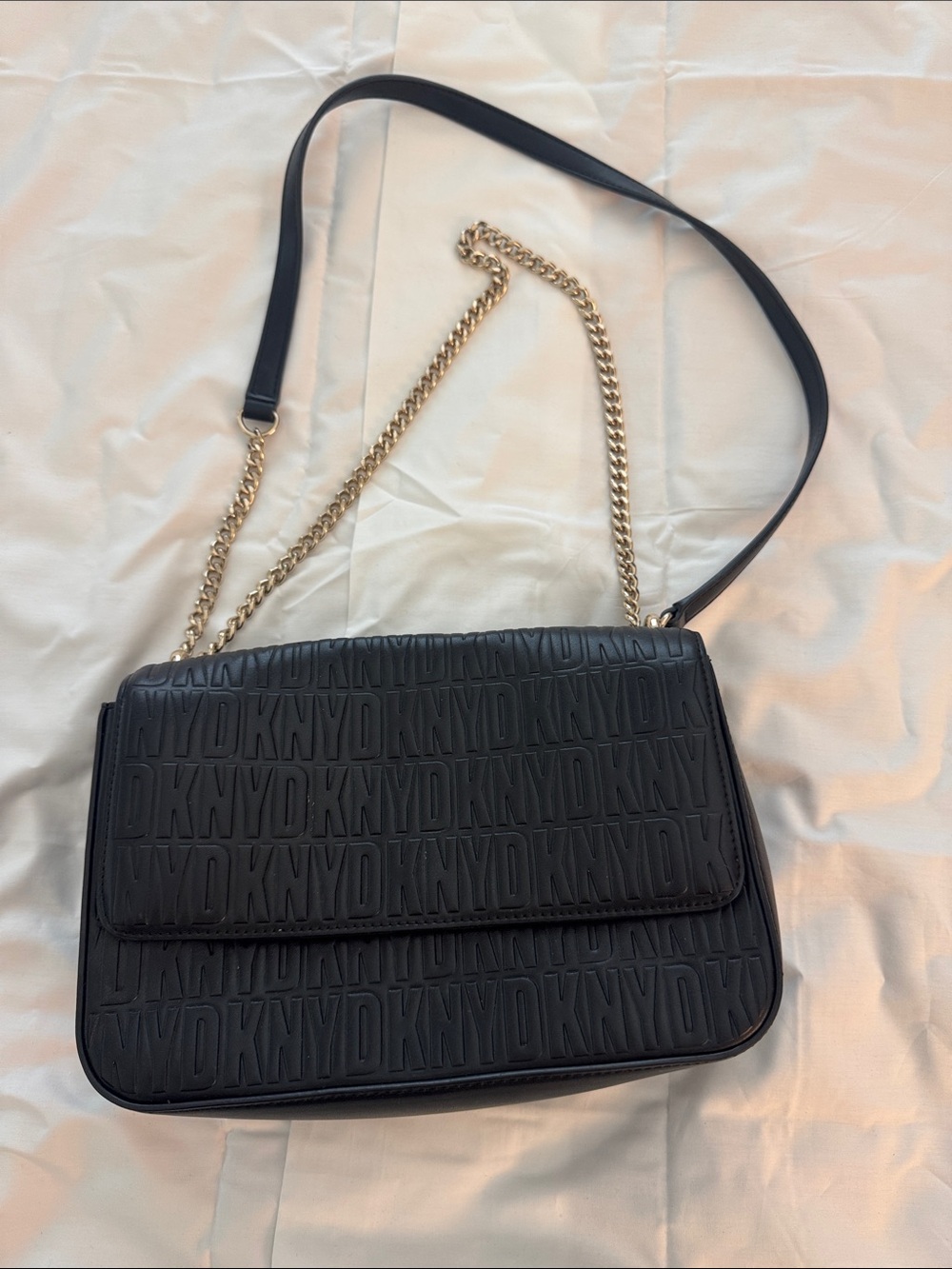DKNY Black Embossed Logo Shoulder Bag with Gold Chain Strap